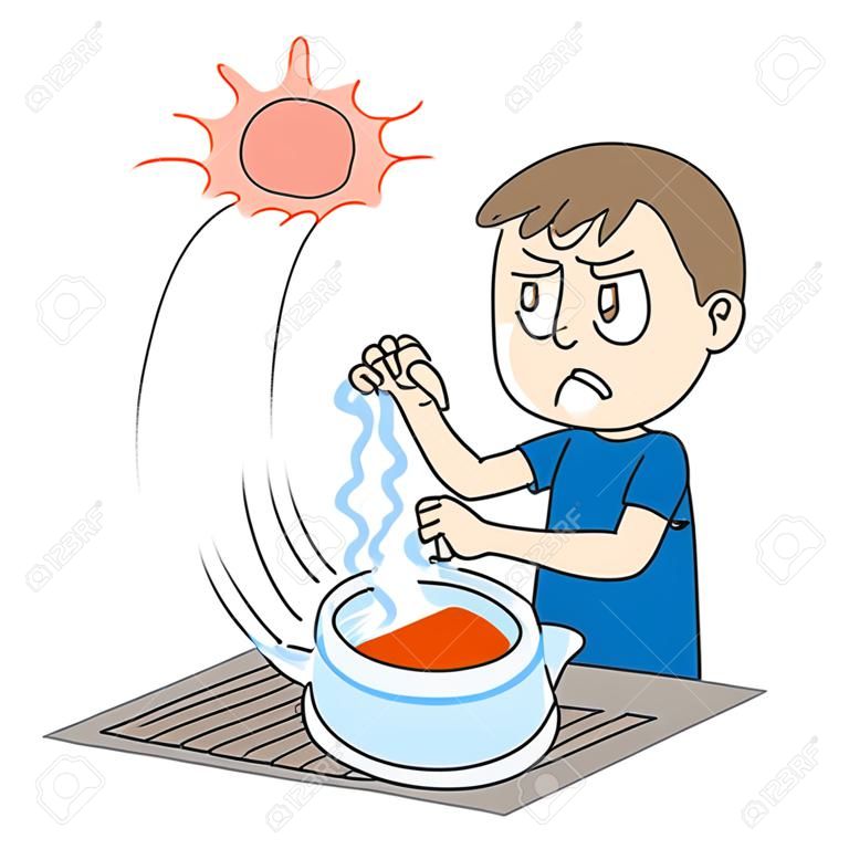 It is an illustration of a boy who accidentally touched a pot while cooking and burned his hand.