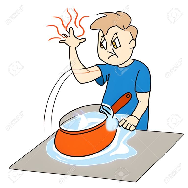 It is an illustration of a boy who accidentally touched a pot while cooking and burned his hand.