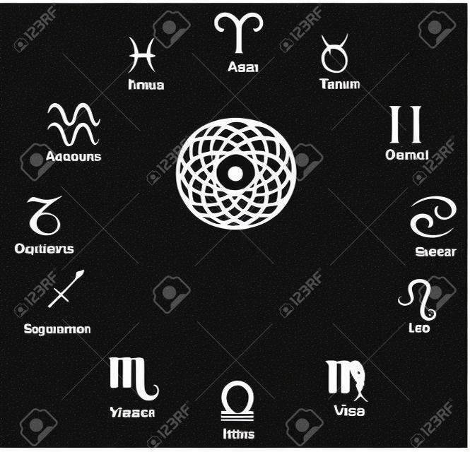 12 占星術のシンボルを白で隔離されるベクトル。うお座、牡羊座、おうし座、ジェミニ、がん、レオ、乙女座、天秤座、さそり座、射手座、山羊座、水瓶座