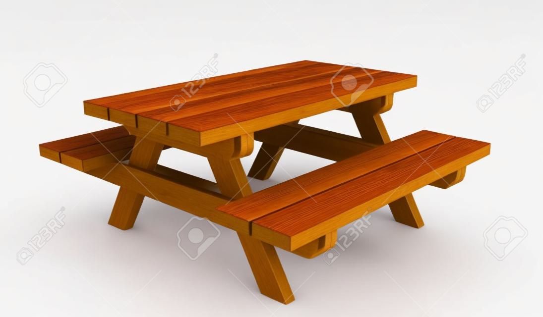 Mesa de piquenique de madeira, ilustração 3d, isolada contra um fundo branco