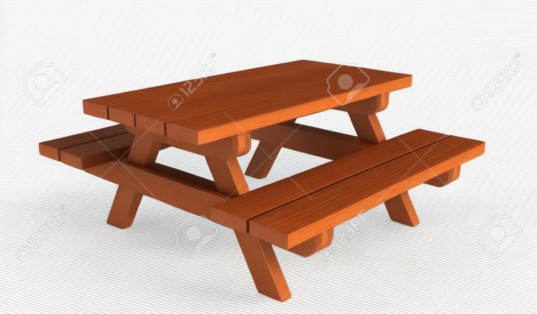 Mesa de piquenique de madeira, ilustração 3d, isolada contra um fundo branco
