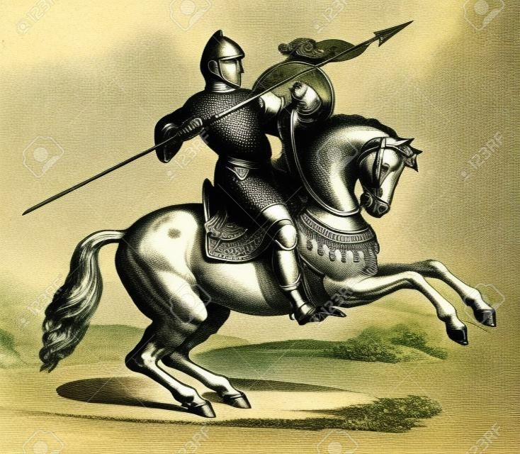 Old engraved illustration of knight on a horse wearing hauberk, themed after Meyrick. Industrial encyclopedia E.-O. Lami ? 1875.