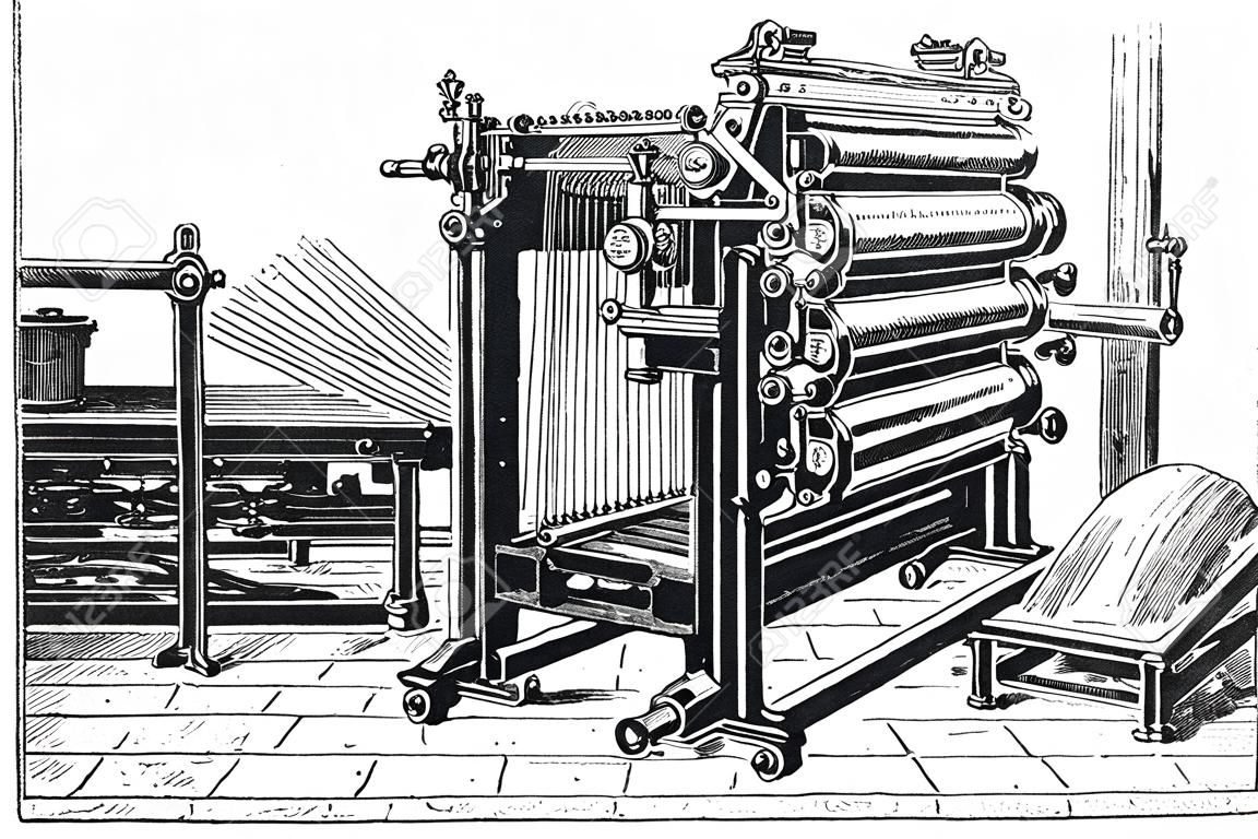 Marinoni Rotary printing press, vintage engraving. Old engraved illustration of Marinoni Rotary printing press.