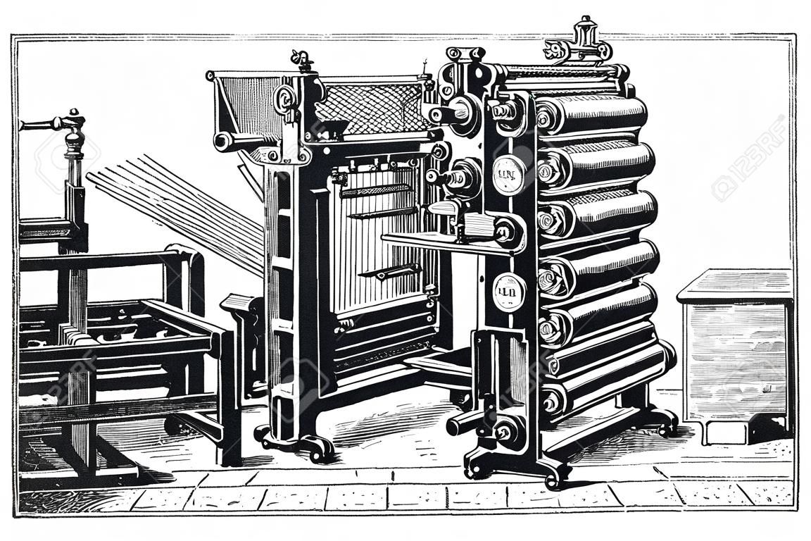 Marinoni ротационной печатной машины, старинные гравюры. Старый выгравированы иллюстрации Marinoni ротационной печатной машины.