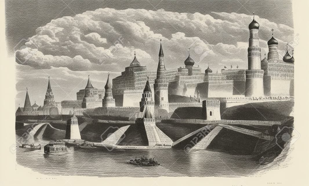 Der Moskauer Kreml und den Fluss, Russland Vintage-Gravur. Alt graviert Illustration der berühmten Moskauer Kreml und den Fluss, Russland, 1800.