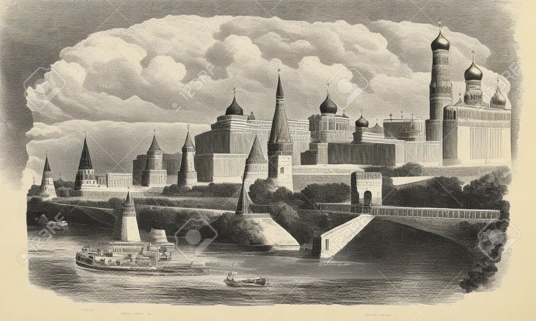 The Moscow Kremlin and river,Russia vintage engraving. Old engraved illustration of famous moscow kremlin and river,Russia, 1800s.