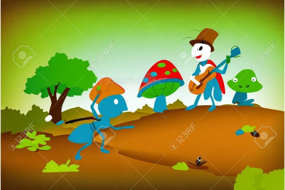 De Ant en de Grasshopper fabel, vector illustratie