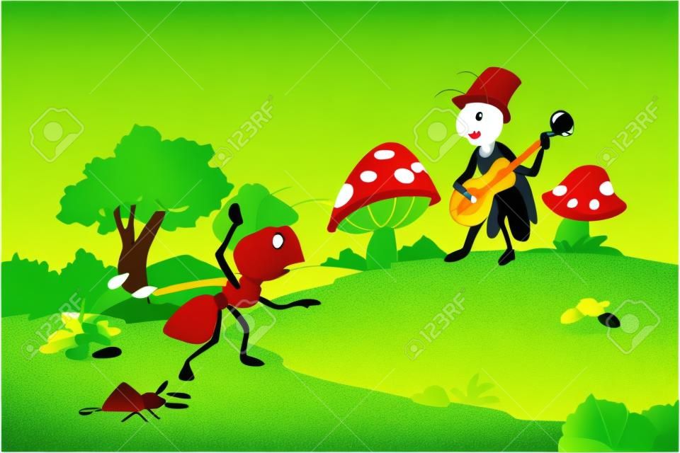 The Ant and the Grasshopper fable, vector illustration