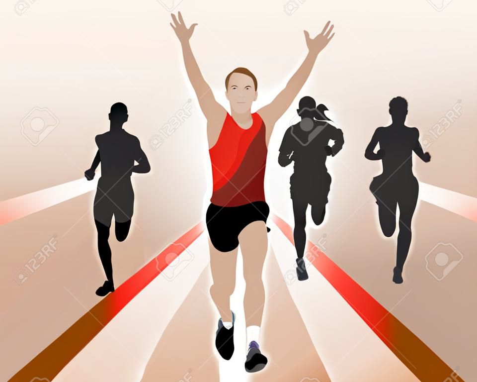 Runners crossing the finish line, first place, vector illustration