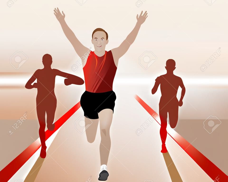 Runners crossing the finish line, first place, vector illustration