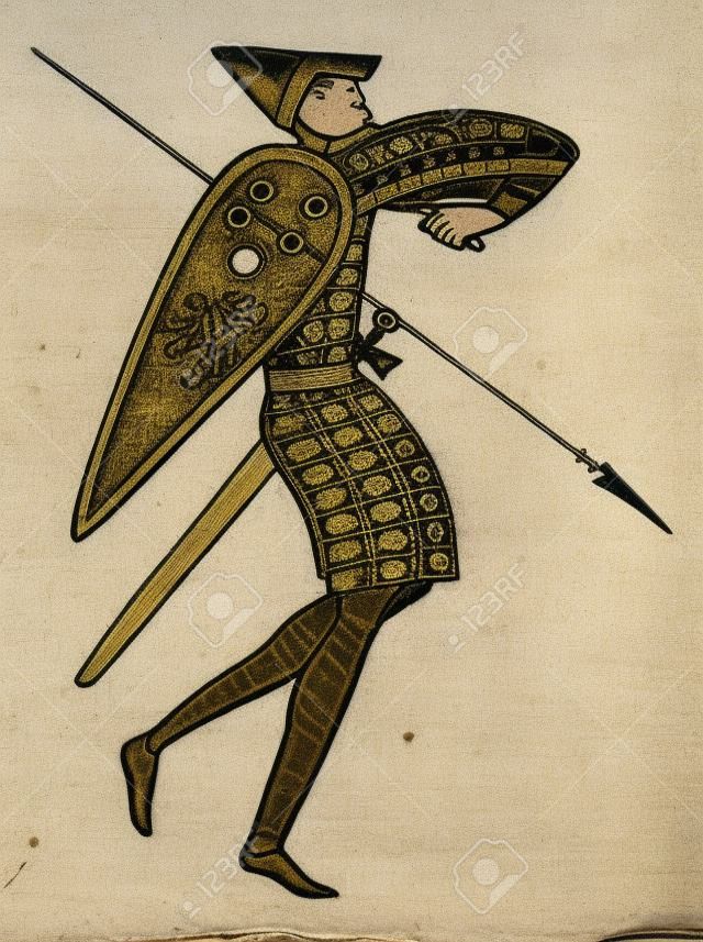 Eski Bayeux Tapestry üzerinde norman ordudan Lancer gösterimini oyulmuş. Endüstriyel ansiklopedi E.-O. Lami? 1875.