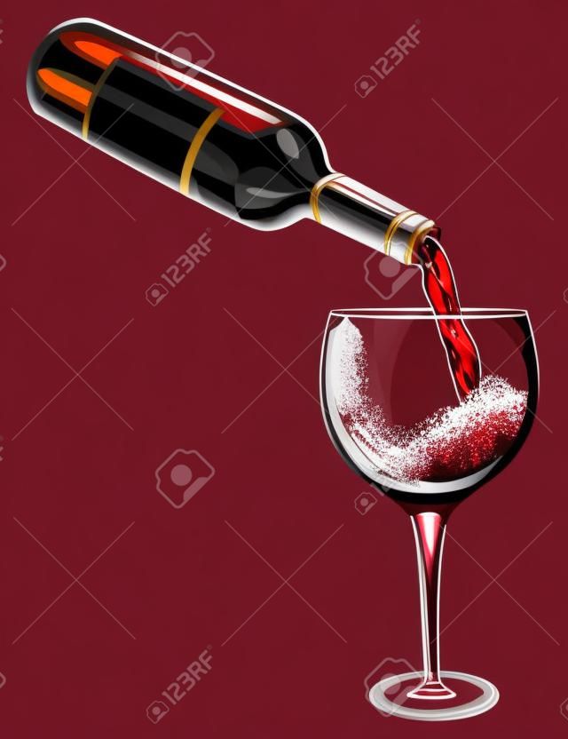 红葡萄酒倒入玻璃杯的矢量插图