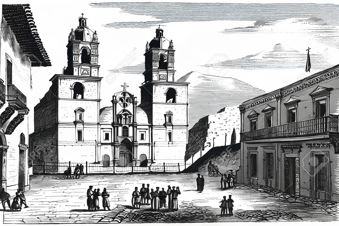 Old engraved illustration of historic cathedral building at Guanajuato, 1890s.