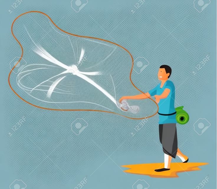 Vector illustration of man throwing fishing net.