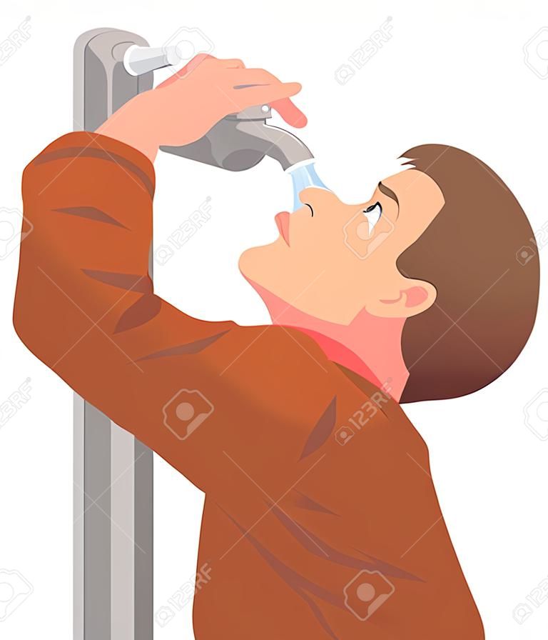 Illustrazione vettoriale di uomo di acqua potabile dal rubinetto.