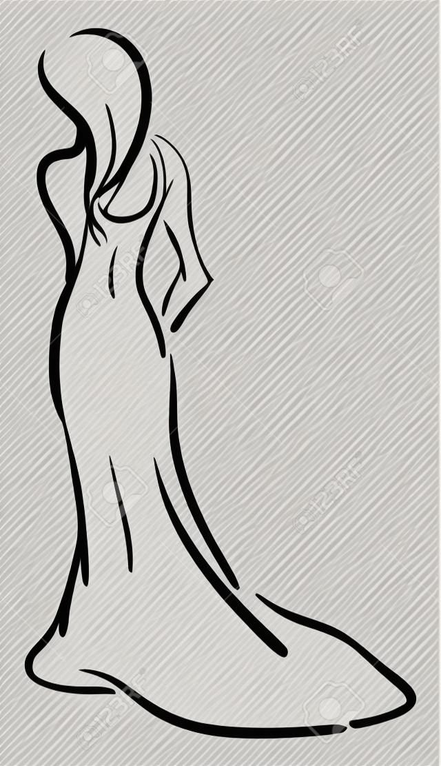 긴 가운과 긴 머리, 벡터, 컬러 드로잉 또는 삽화를 입은 날씬한 여성의 스케치.