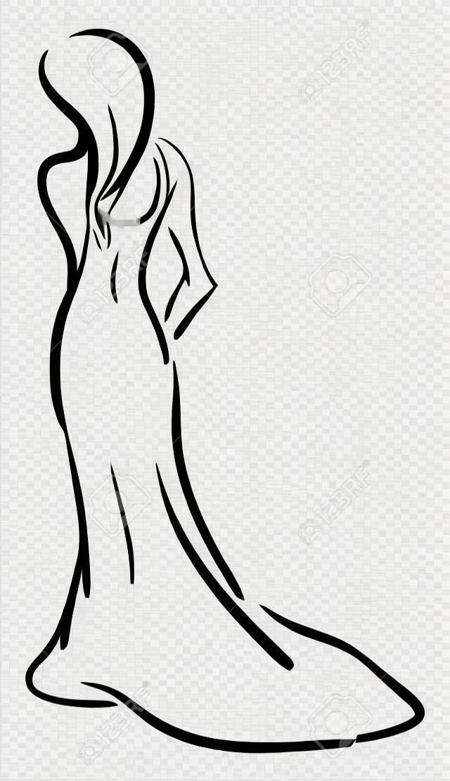 긴 가운과 긴 머리, 벡터, 컬러 드로잉 또는 삽화를 입은 날씬한 여성의 스케치.