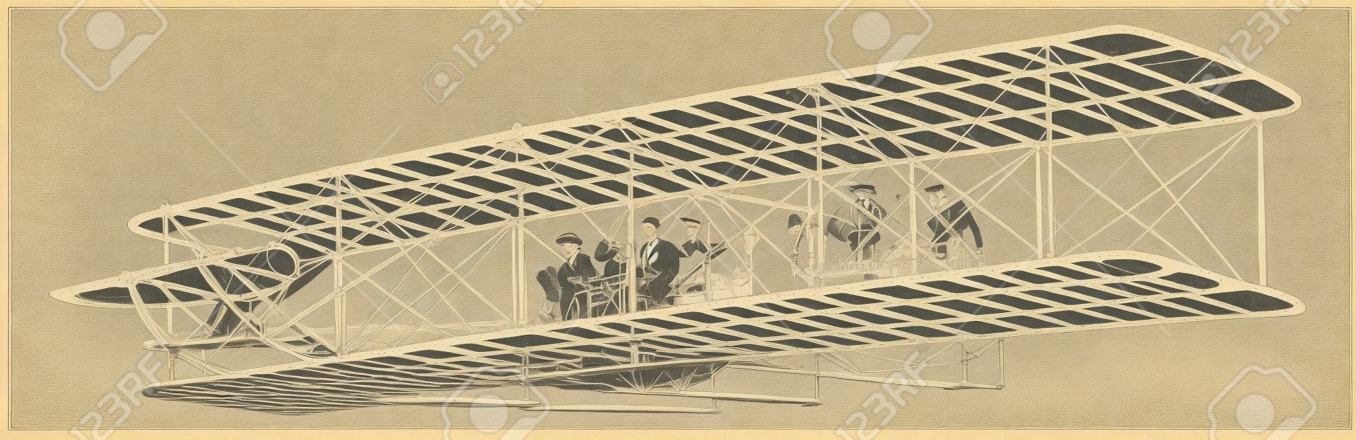 Samolot braci Wright najbardziej udany eksperyment latający, który w 1908 roku dokonał wielu udanych wniebowstąpień, vintage rysowania linii lub grawerowania ilustracji.