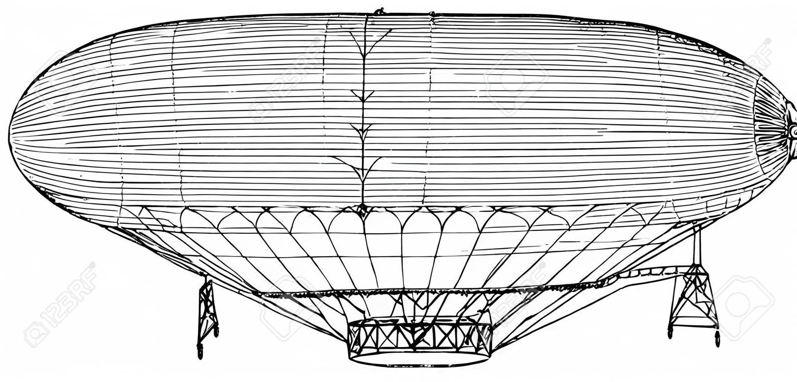 Dirigible Balloon successfully equipped with a powerful oil engine, vintage line drawing or engraving illustration.