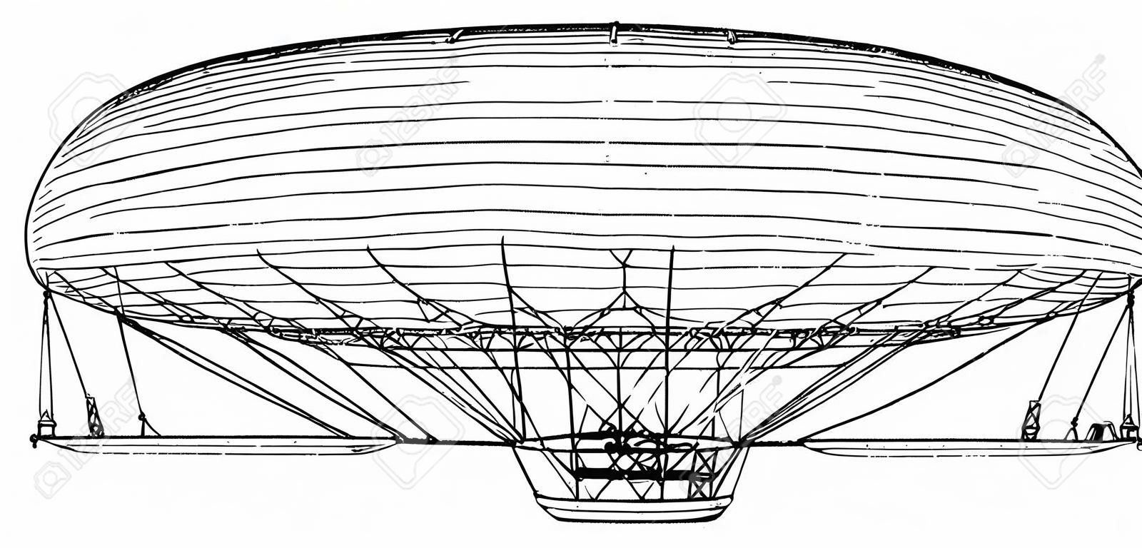 Dirigible Balloon successfully equipped with a powerful oil engine, vintage line drawing or engraving illustration.
