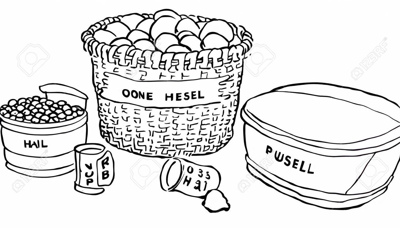 Picture showing the different type of bushel measurement. It is showing comparison between one bushel, half bushel, one peck and half peck, vintage line drawing or engraving illustration.