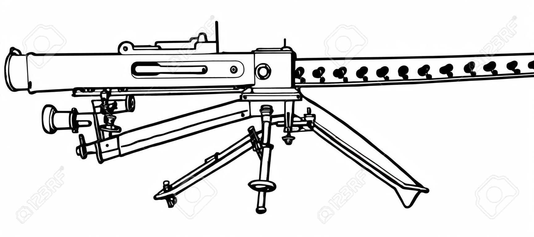 La ametralladora Browning se utilizó como infantería ligera, dibujo de línea vintage o ilustración de grabado.
