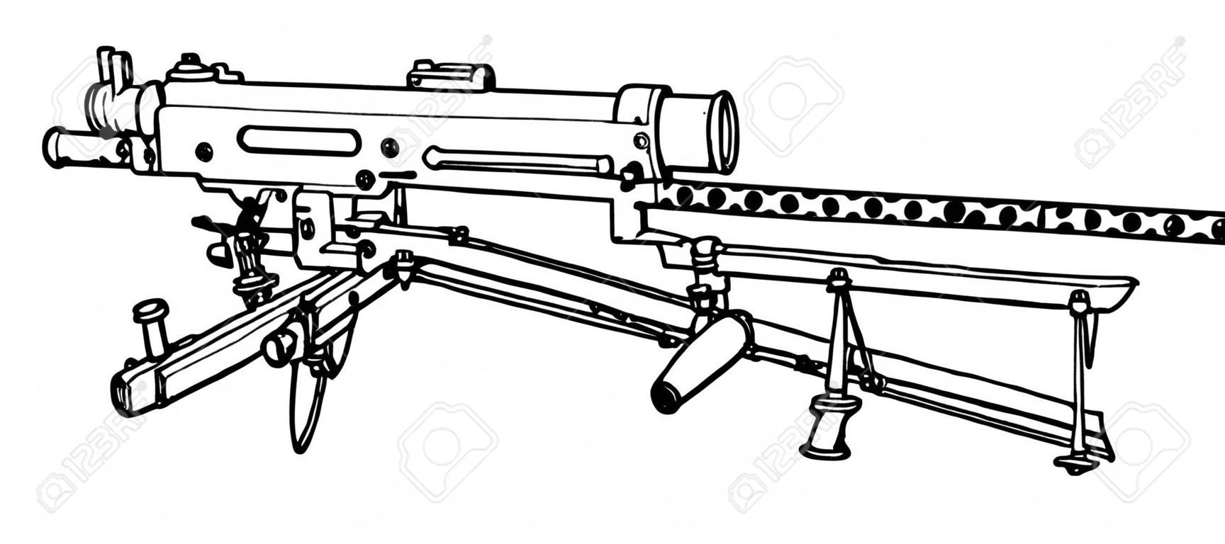 La ametralladora Browning se utilizó como infantería ligera, dibujo de línea vintage o ilustración de grabado.