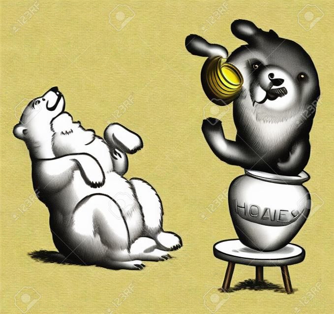 Ursos 10, esta imagem mostra dois ursos, urso preto comendo mel, colocando a cabeça em frasco de mel que é mantido na pequena mesa, urso branco sentado, desenho de linha vintage ou ilustração de gravura