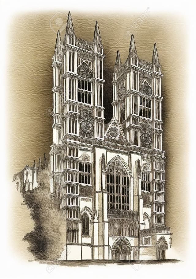 Abbaye de Westminster ou architecture gothique, grande église en Angleterre, dessin au trait vintage ou illustration de gravure.