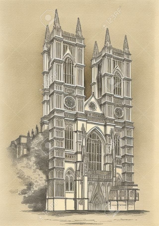 웨스트민스터 사원(Westminster Abbey) 또는 고딕 건축, 영국의 위대한 교회, 빈티지 선 그림 또는 조각 삽화.