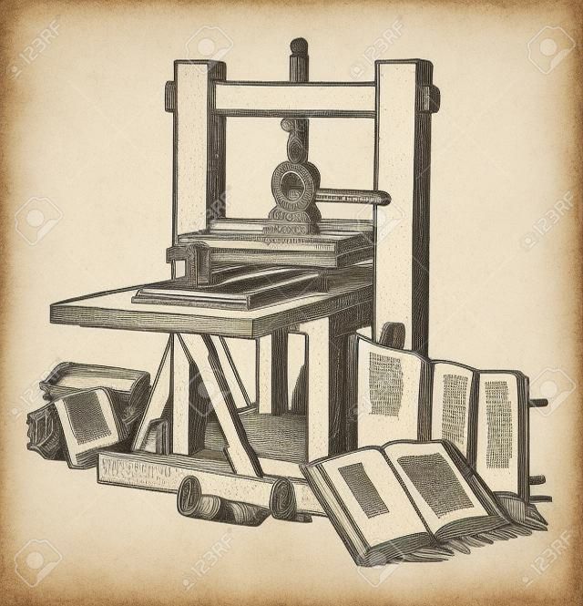 Esta ilustração representa a função de Gutenberg Printing Press, desenho de linha vintage ou ilustração de gravura.