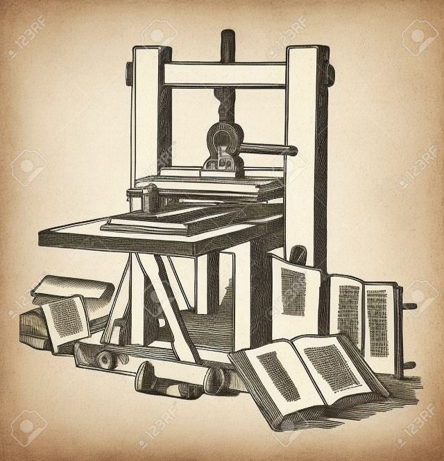 Ta ilustracja przedstawia funkcję prasy drukarskiej Gutenberg, vintage rysowania linii lub grawerowania ilustracji.