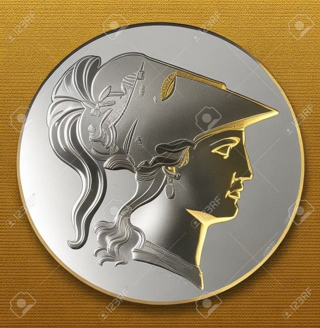 Ein Bild des rechten Minerva-Kopfes, der das moderne Versionsdesign der griechischen Göttin Athena ist. Dieses Design trat häufig auf Medaillons, Vintage-Linienzeichnungen oder Gravurzeichnungen auf.