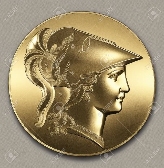 A picture of Right Minerva head which is the modern version design of the Greek Goddess Athena. This design frequently occurred on medallions, vintage line drawing or engraving illustration.