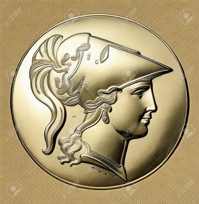 Obraz głowy prawej Minerwy, który jest nowoczesną wersją projektu greckiej bogini Ateny. Ten projekt często występował na medalionach, vintage rysowaniu linii lub grawerowaniu ilustracji.