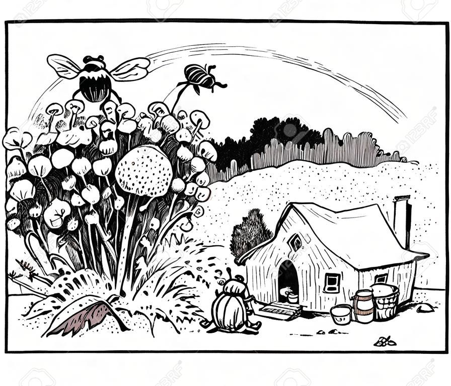 Beatle Yardwork, this scene shows a beatle attempting to mow the grass behind his home, vintage line drawing or engraving illustration