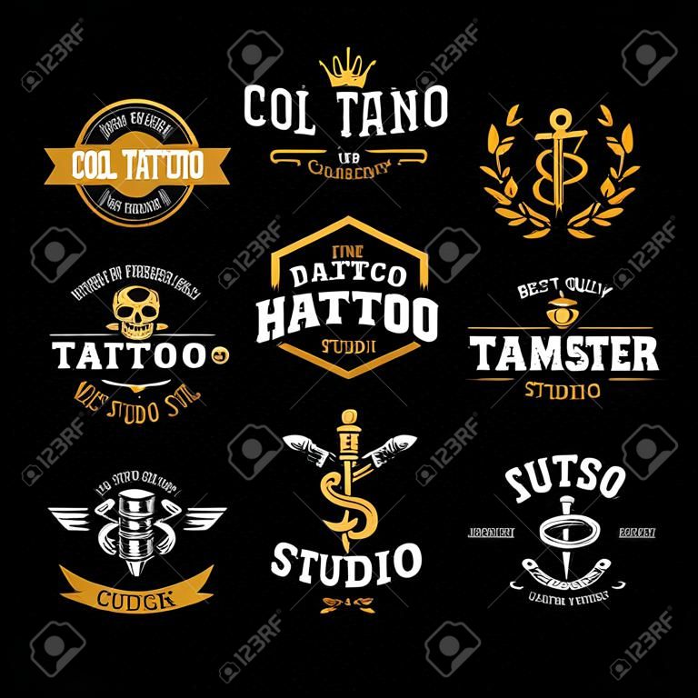 Vector set of cool tattoo studio logo templates on dark background. Retro styled trendy vector emblems.