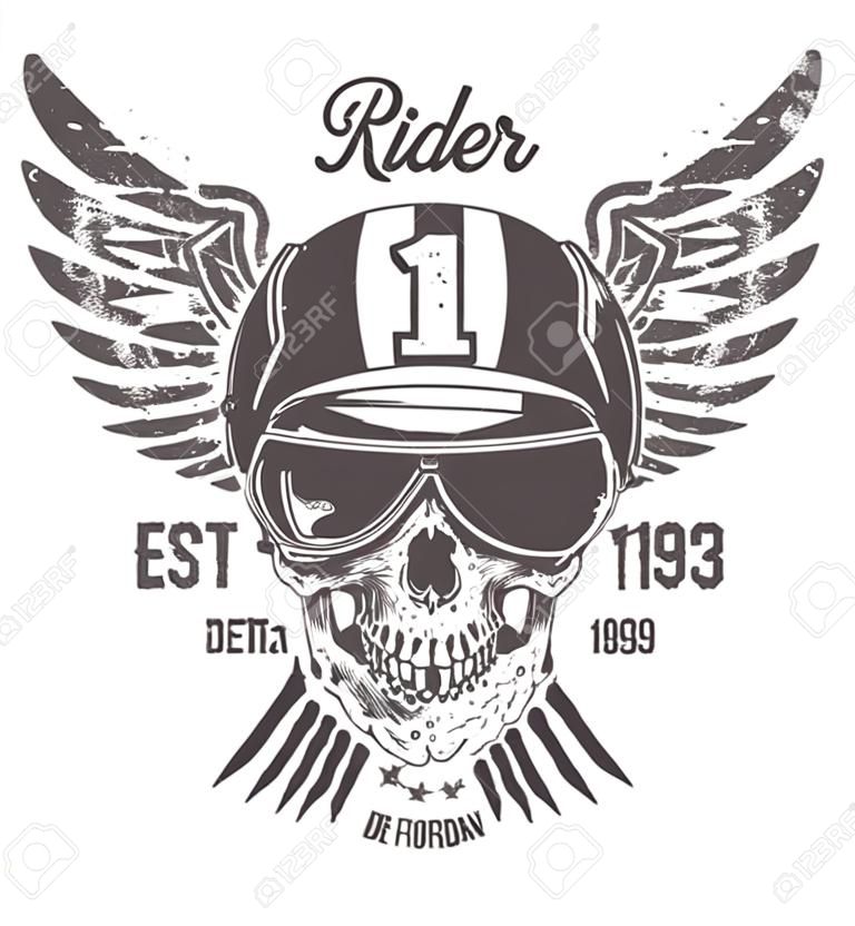 Rider skull with retro racer attributes. Grunge print. Vintage style. Vector art.