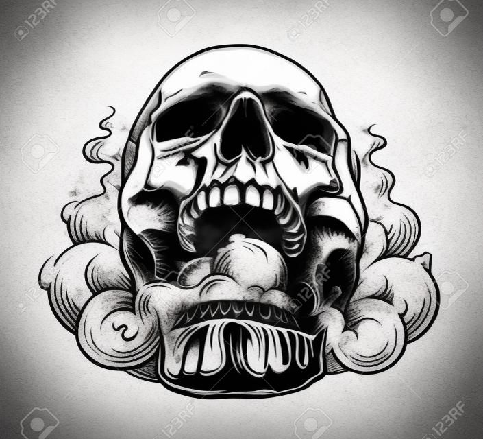 Dohányzó koponya art.Tattoo stílus vektoros illusztrációja a koponya füstöt a szájából. Fekete vonal művészet elszigetelt fehér.