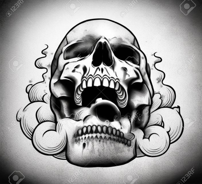 Tatuagem Skull Art.Tattoo estilo ilustração vetorial de crânio com fumaça proveniente de sua boca. Arte de linha preta isolada no branco.