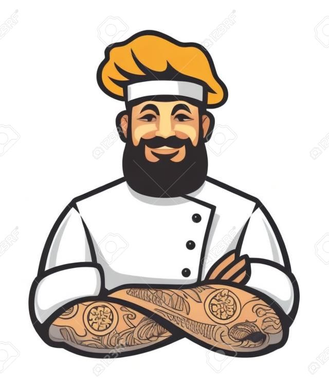 Glimlachende hippe chef-kok met baard en tatoeages in armen gekruiste pose. Stijlvolle chef-kok kunst geïsoleerd op wit. Vector illustratie.