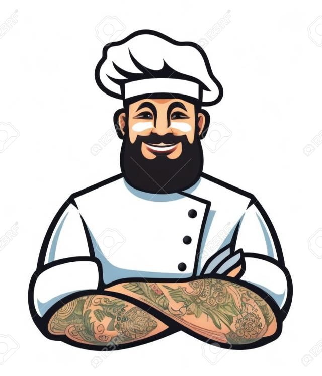 Smiling hipster chef with beard and tattoos in arms crossed pose. Stylish chef cook art isolated on white. Vector illustration.