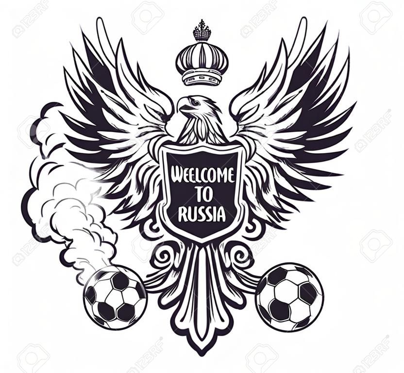 Welcome to Russia vector illustration. Russian national symbol two-headed eagle with football fan attributes: fire and ball. Soccer fan emblem. Monochrome version.
