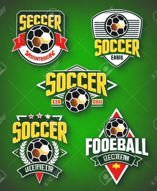 Vector conjunto de emblemas de fútbol. Insignias de fútbol de estilo retro aisladas sobre fondo blanco. Plantillas de iconos de equipo de fútbol.