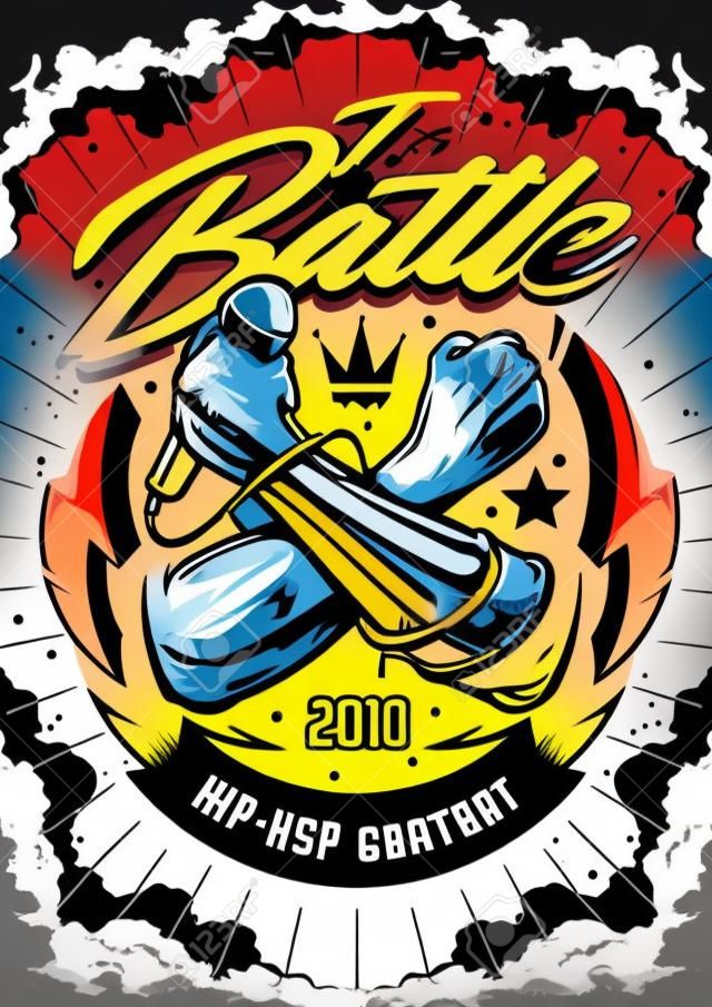 Hip-hop Battle Poster template. Design with crossed hands holding microphone and street art elements on dramatic cloud sky. Graffiti style vector art.