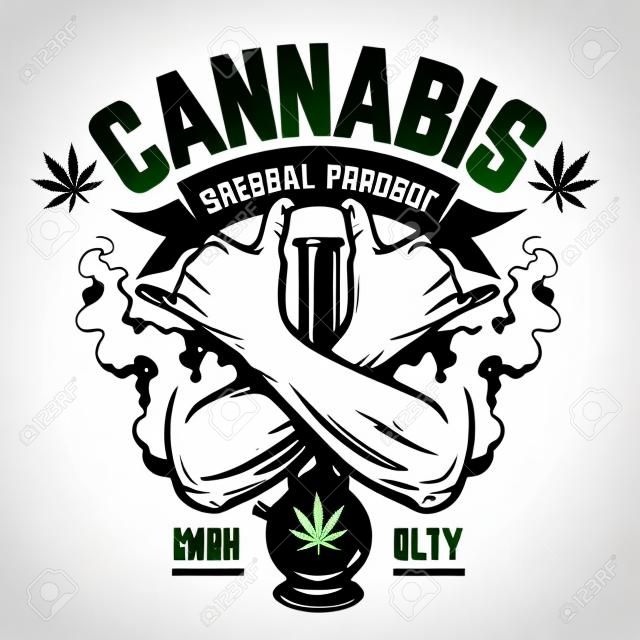 Emblema do vetor de cannabis. Emblema monocromático verde com mãos cruzadas, bong e fumaça isolada no branco. Símbolos rastaman. Arte vetorial.