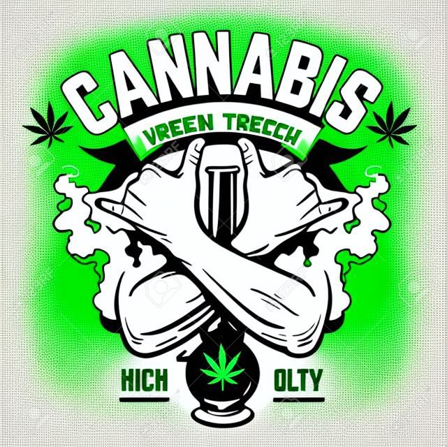 Emblema di vettore di cannabis. Emblema monocromatico verde con mani incrociate, bong e fumo isolato su bianco. Simboli Rastaman. Arte vettoriale.
