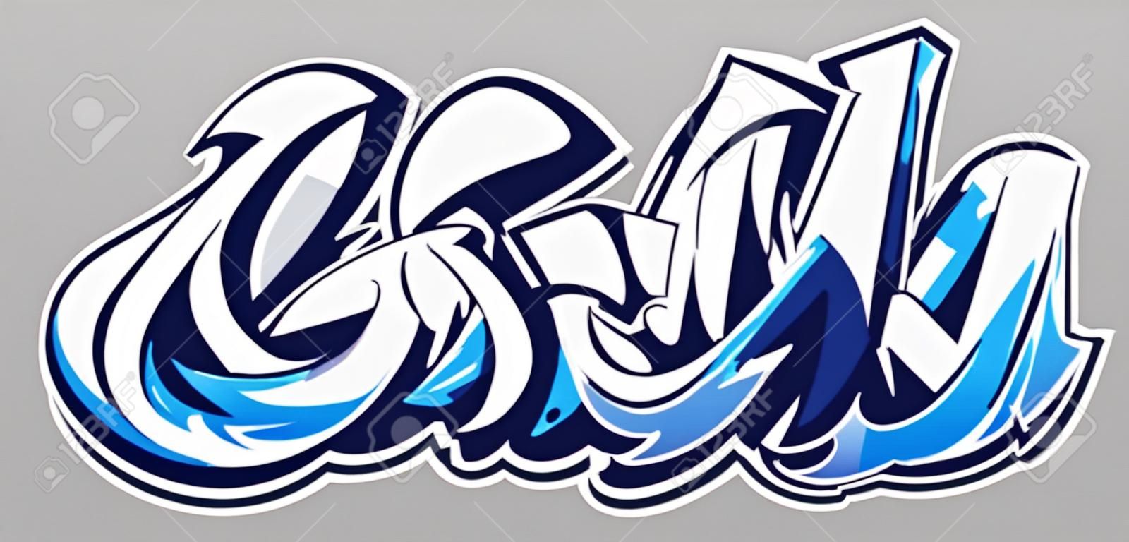 Big Up blue color vector lettering on grey background. Dynamic wild style graffiti art. Three dimensional letters abstract illustration.
