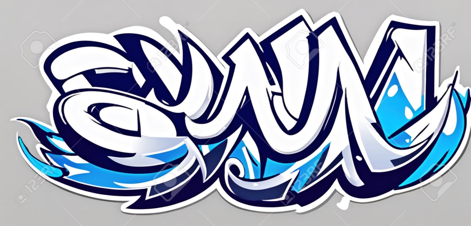 Letras de vector de color azul grande sobre fondo gris. Arte de graffiti dinámico de estilo salvaje. Ilustración abstracta de letras tridimensionales.
