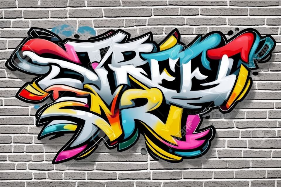 Vibrant color street art graffiti lettering on grey brick wall background. Wild style vibrant graffiti art vector illustration.